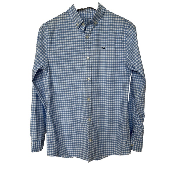 Vineyard Vines Boy’s Performance Blue Gingham Long Sleeve Button-Up Shirt 16 L - Picture 2 of 10